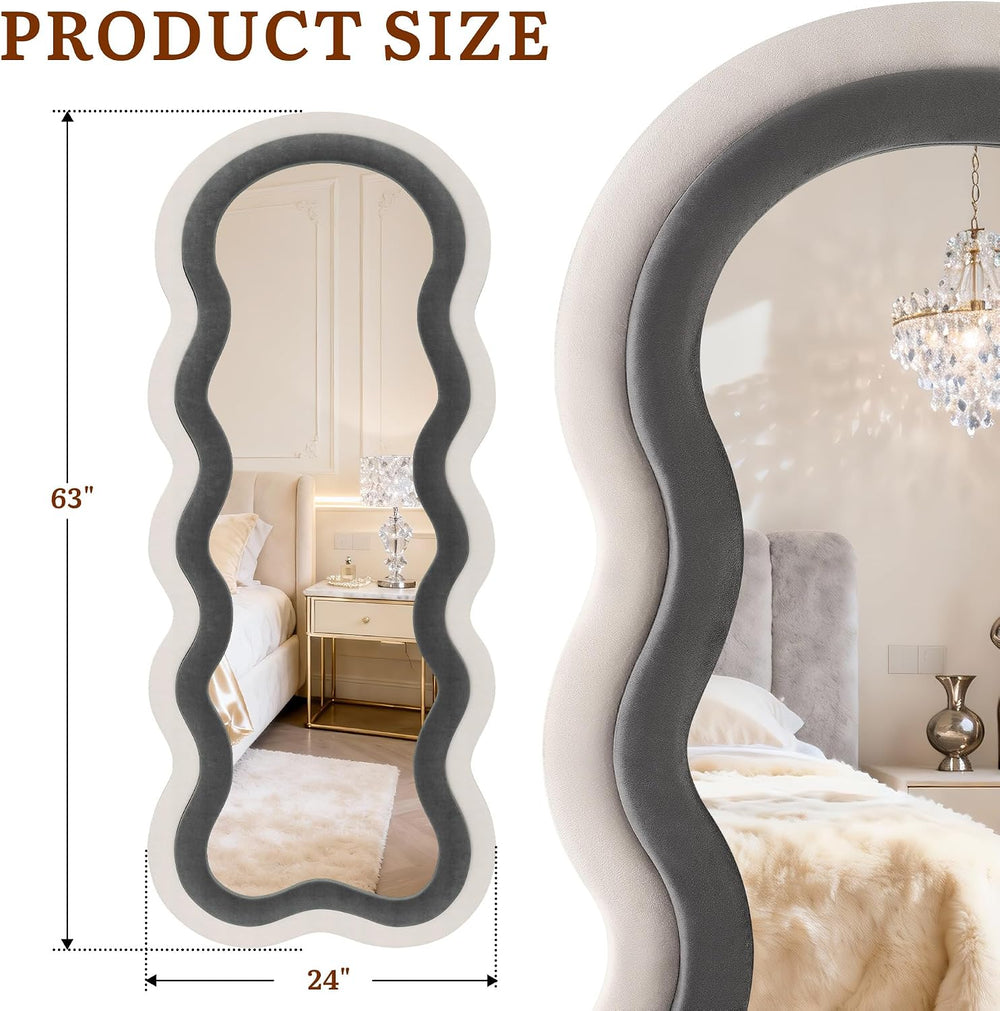 Wavy Full Length Mirror 63"x24", Black and White Velvet Frame