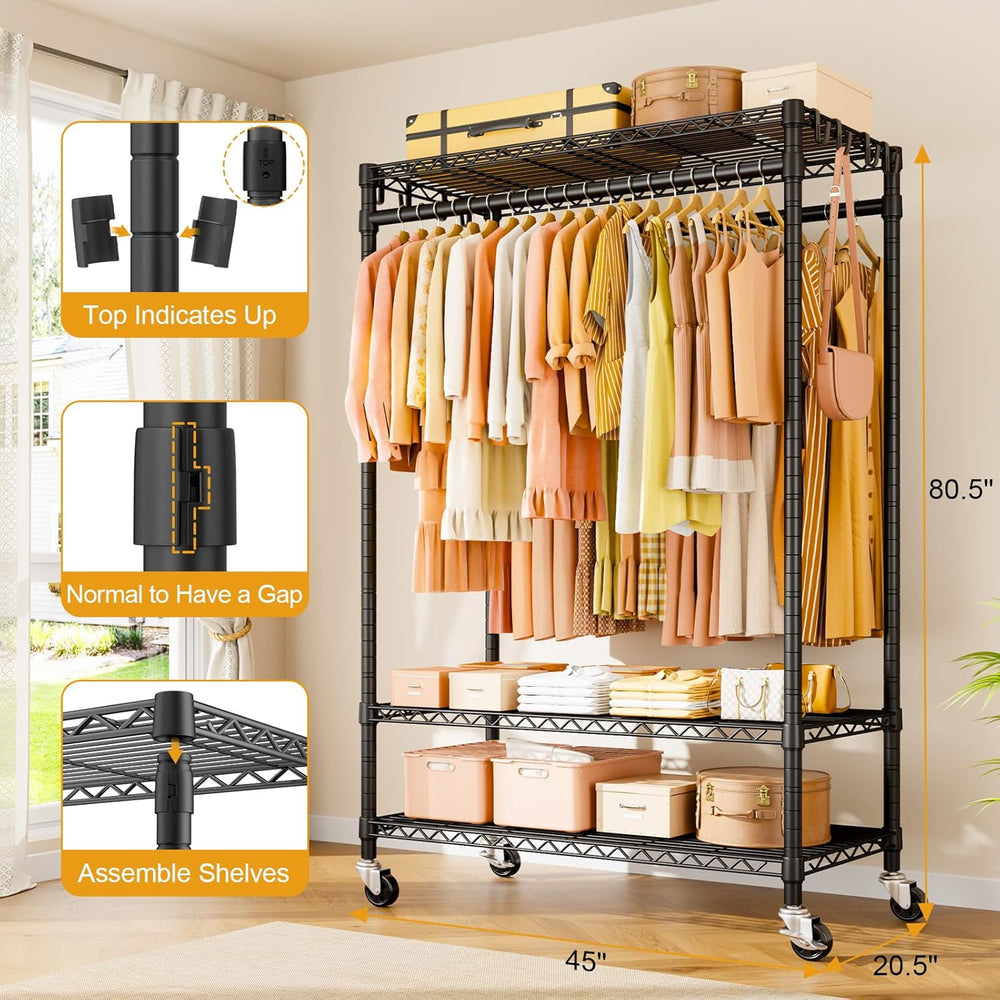 ULIFHOME P7 Rolling Clothes Rack, Clothing Racks for Hanging Clothes, Black