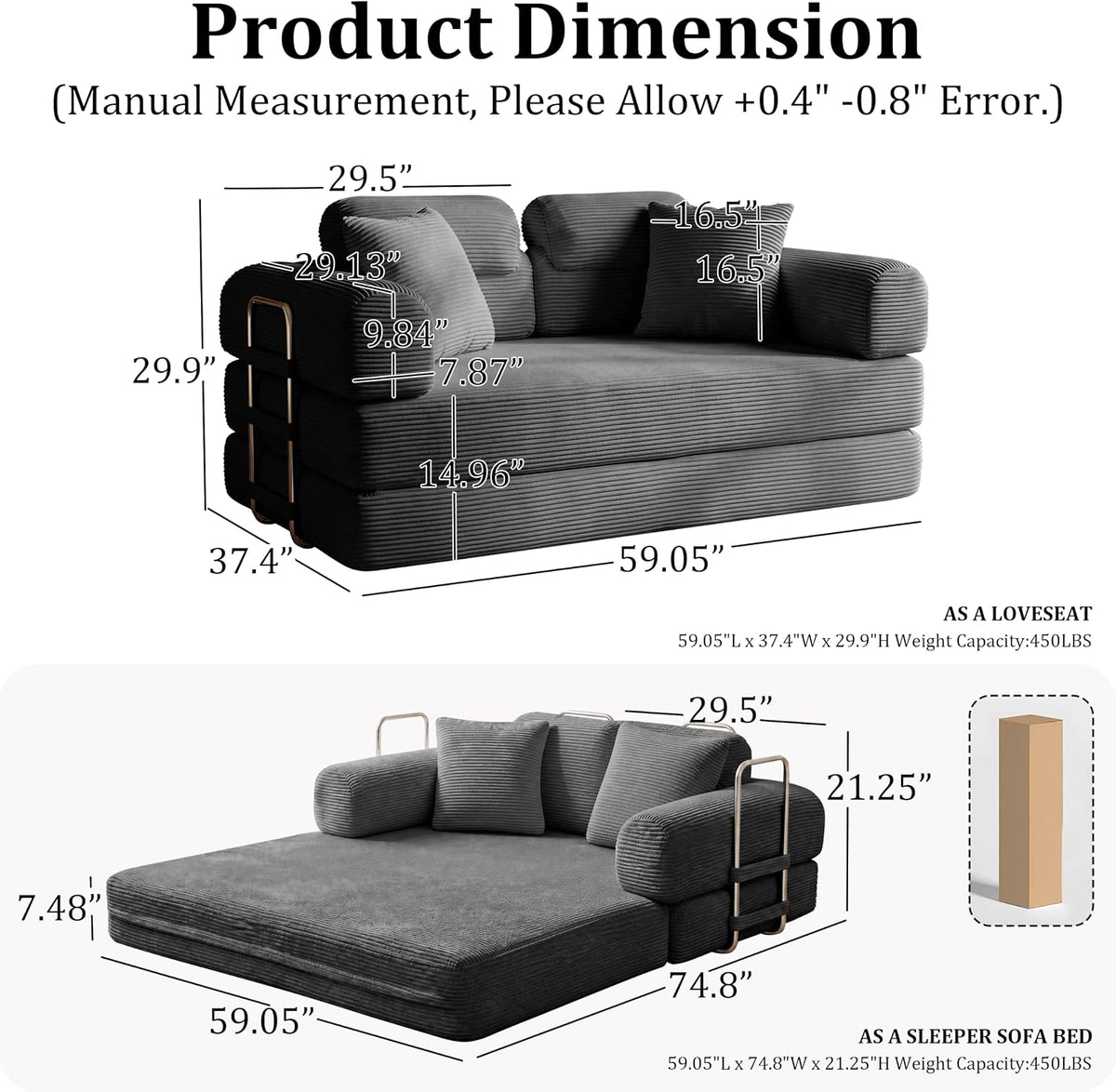 Convertible Sofa Bed with High Backrest Headrest Loveseat Sleeper Folding Couch Bed with 4 Pillows Futon Couch for Bedroom,Apartment Living Room, No Assembly (Pink, 59.0” Hight Backrest Sofa)