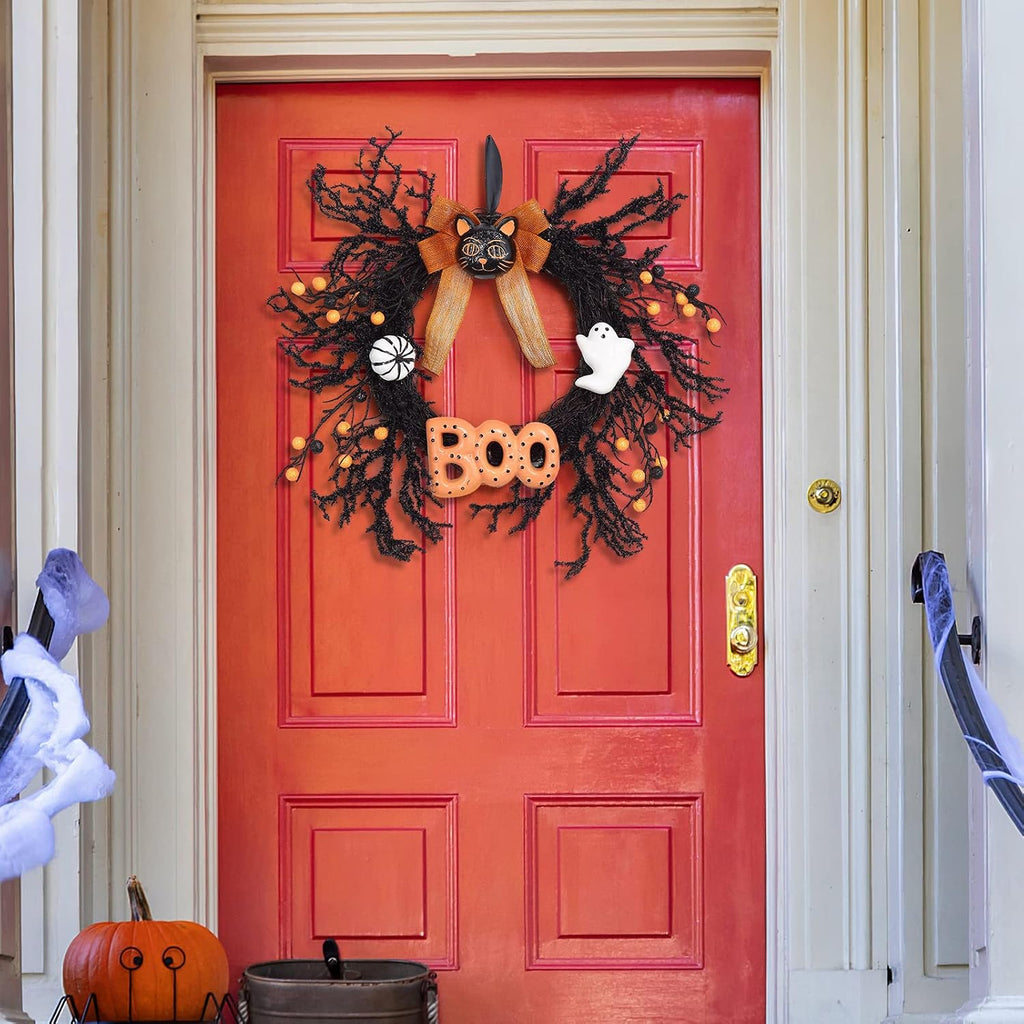 Halloween Wreaths for Front Door, 18Inch Halloween Wreath with Black Cat Boo Sign White Pumpkin and Ghost for Indoor Outdoor Window Proch Halloween Decoration
