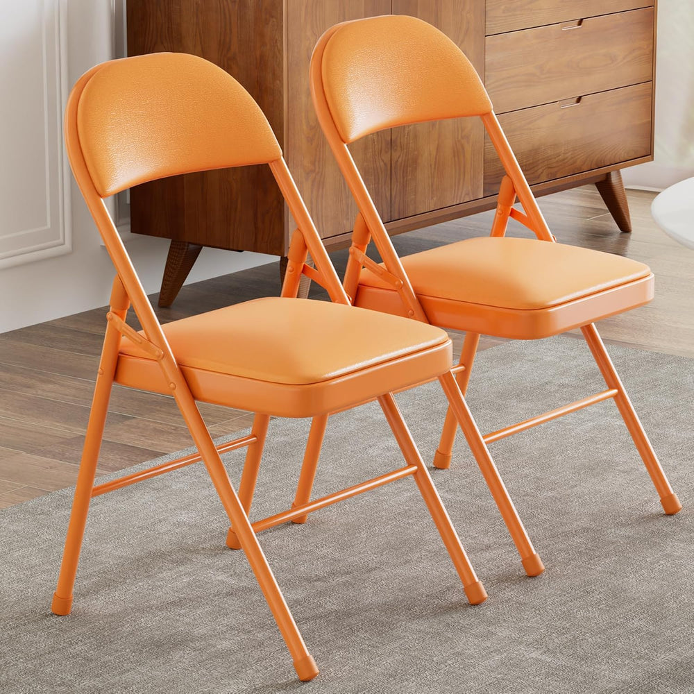 VECELO Folding Chairs Set of 2, Faux Leather Padded, Orange