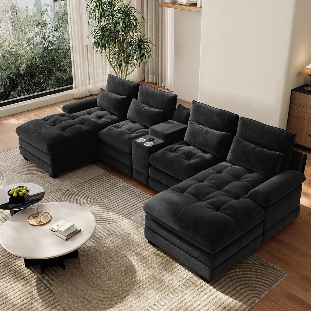 134" U-Shaped Sectional Couches for Living Room with Storage, Black