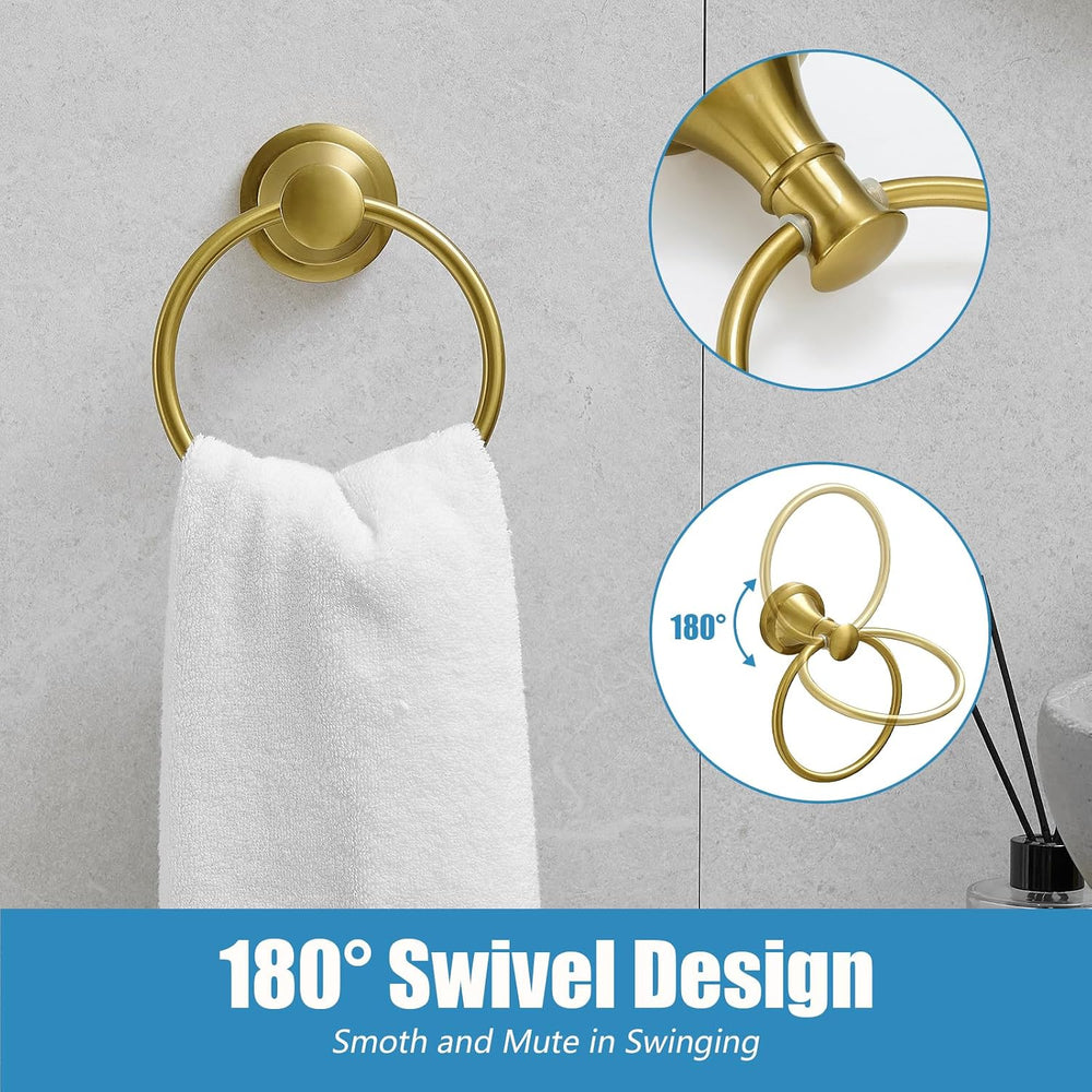 RUMOSE Pivoting Toilet Paper Holder and Hand Towel Ring, Brushed Gold