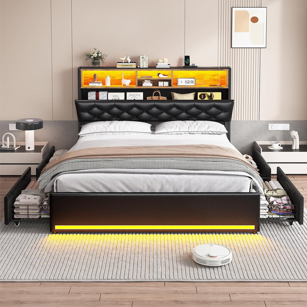 HAUOMS Queen Bed Frame with Headboard and 4 Drawers, PU Black Upholstered
