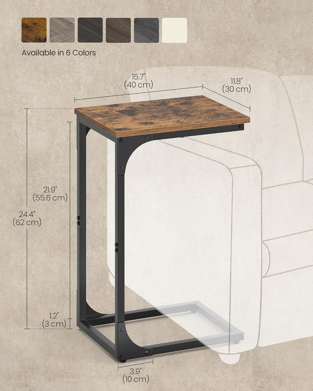 VASAGLE C-Shaped End Table, Small Sofa Side Table with Metal Frame