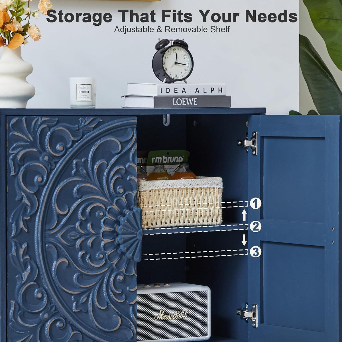 Blue Distressed Carved Accent Cabinet,2 Door Storage Sideboard for Entryway