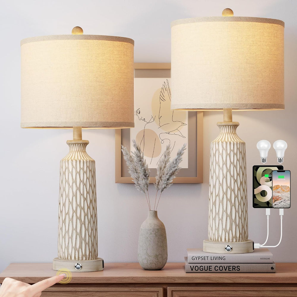 QiMH 26" Lamps for Bedroom, Farmhouse Table Lamp Set of 2, Off-White