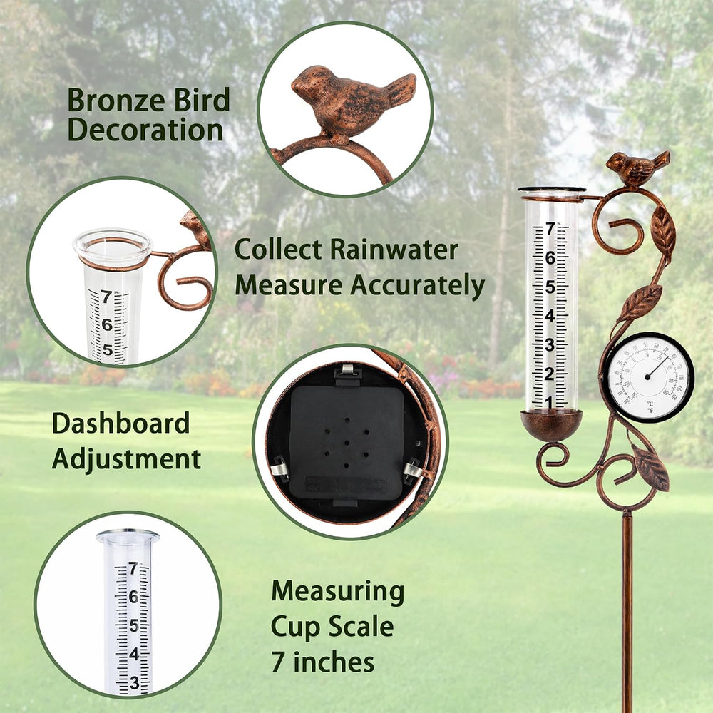 36in Bird Rain Gauge Thermometer Bronze Metal Garden Stake Decor