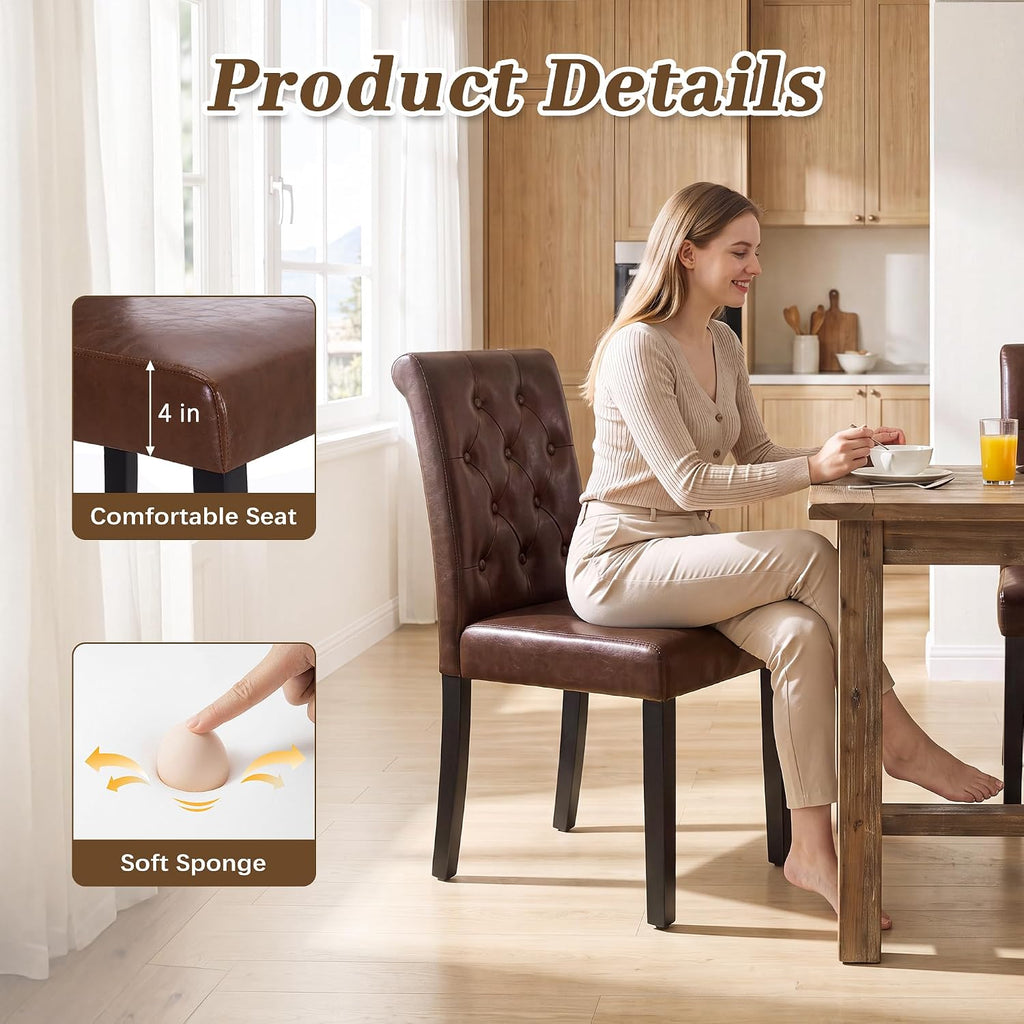 LSSPAID Dining Chairs Set of 2, Modern Armless Parsons Side Chairs, Upholstered Button-Tufted PU Leather Dining Kitchen Chairs with Solid Wood Legs, Brown