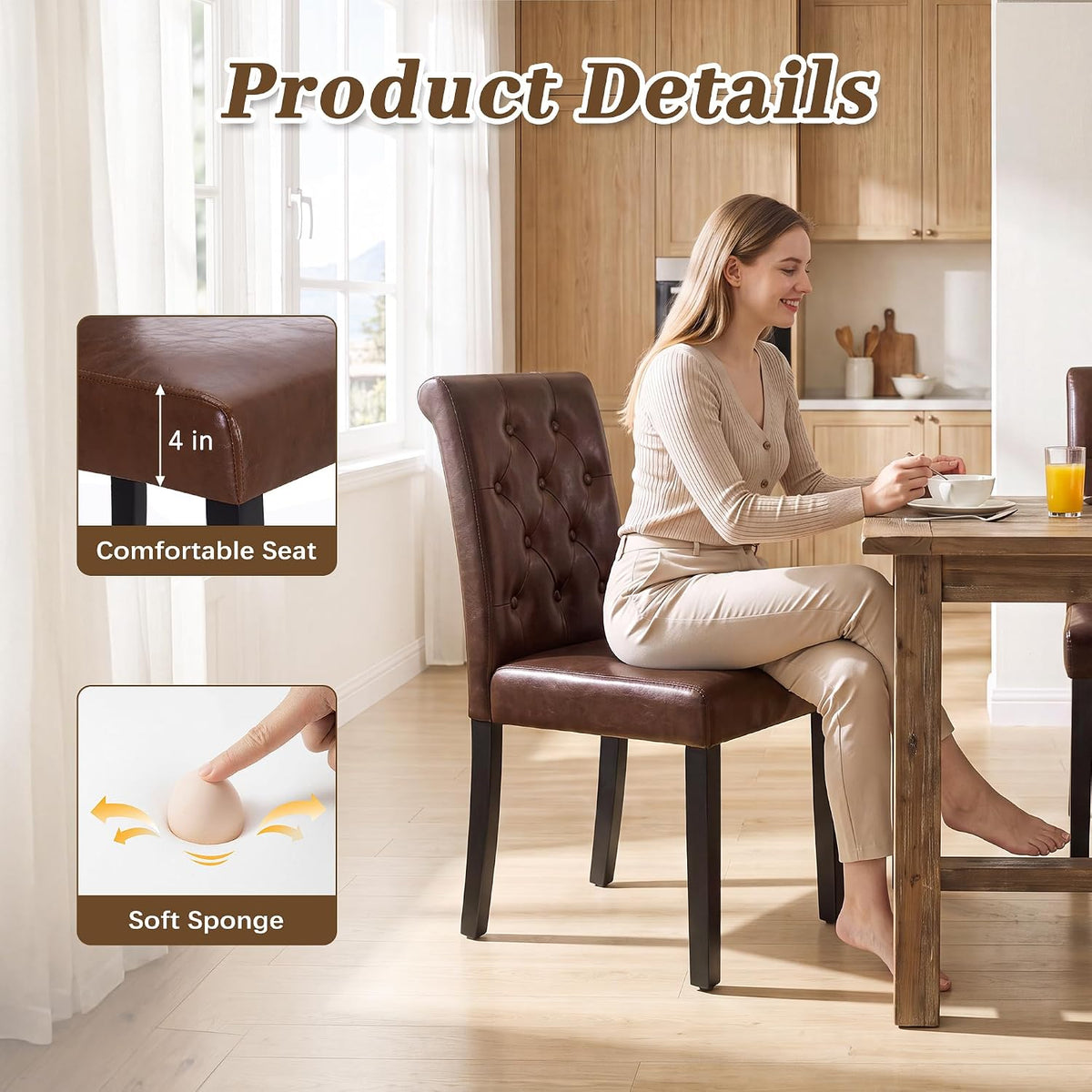 LSSPAID Dining Chairs Set of 2, Modern Armless Parsons Side Chairs, Upholstered Button-Tufted PU Leather Dining Kitchen Chairs with Solid Wood Legs, Brown