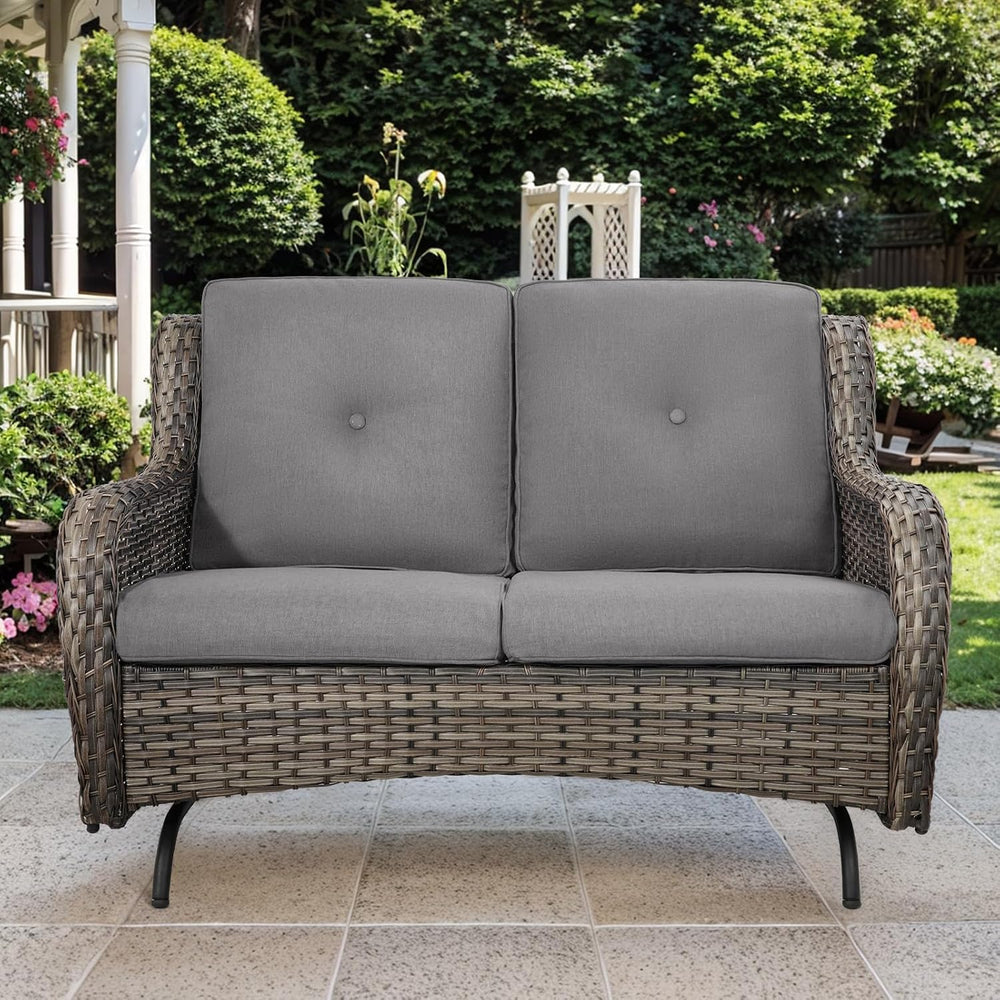 Patio Loveseat Glider Set, Resin Wicker Loveseat Glider with 2 Swivel Patio C...