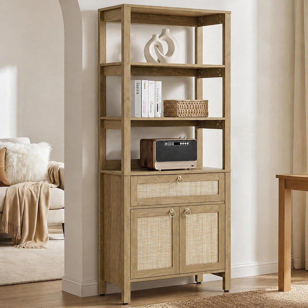 SICOTAS 68.5" Tall Boho Rattan Bookshelf with Single Drawer & Storage Doors