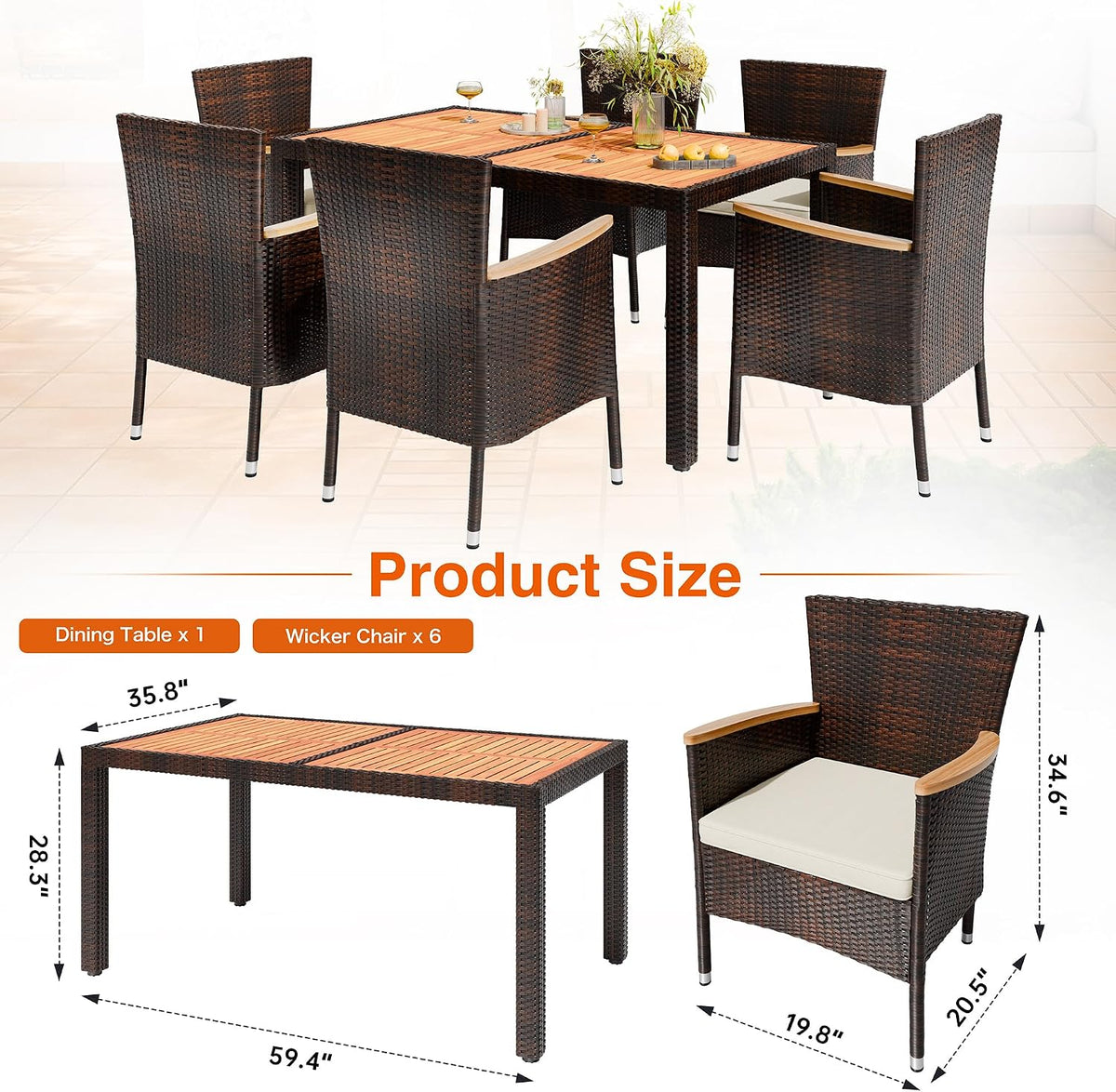 shintenchi 7 pcs wicker patio dining set, brown, close-up detail