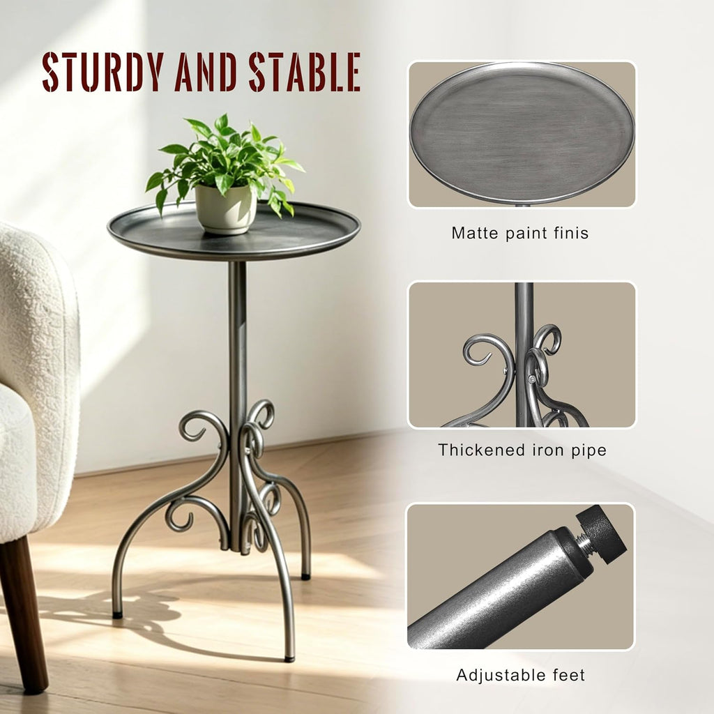 Round Side Table, Small Metal Drink Table for Small Spaces, Modern Martini Table for Living Room, Bedroom, Corners, and Office,Antique Silver