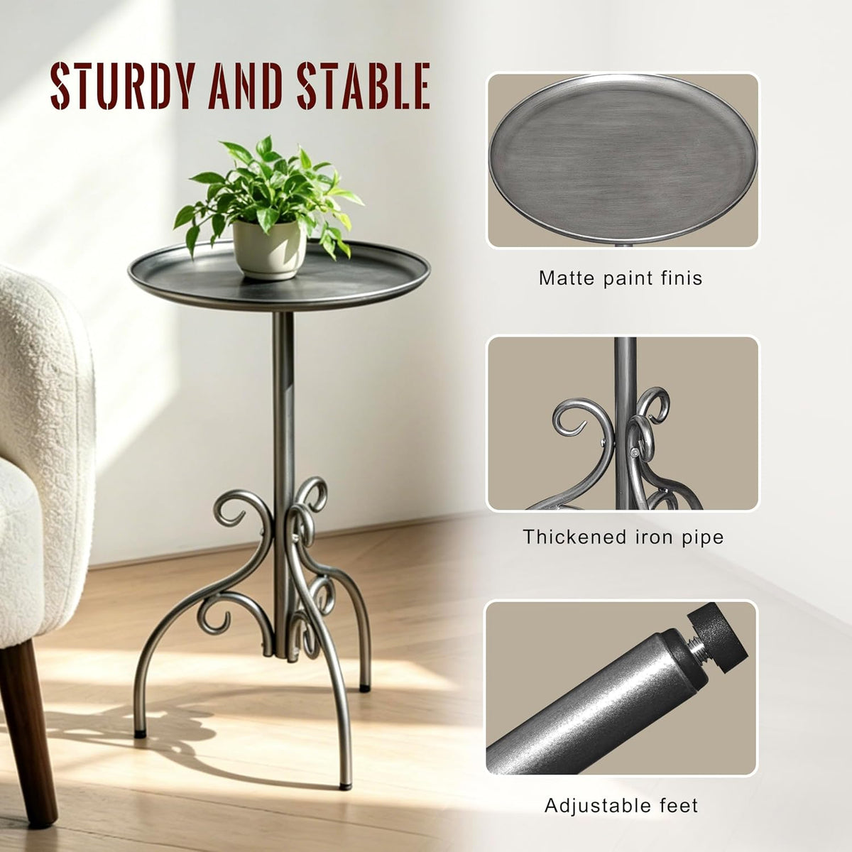 Round Side Table, Small Metal Drink Table for Small Spaces, Modern Martini Table for Living Room, Bedroom, Corners, and Office,Antique Silver