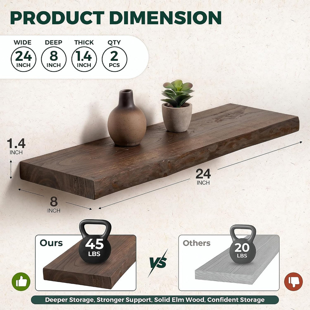 24in Live Edge Solid Elm Floating Shelves, Walnut, Set of 2