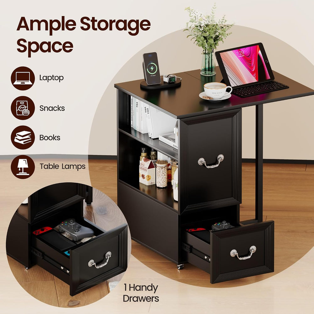 Lareth Rolling Side Table with Wheels, Led Lights & Charging Station