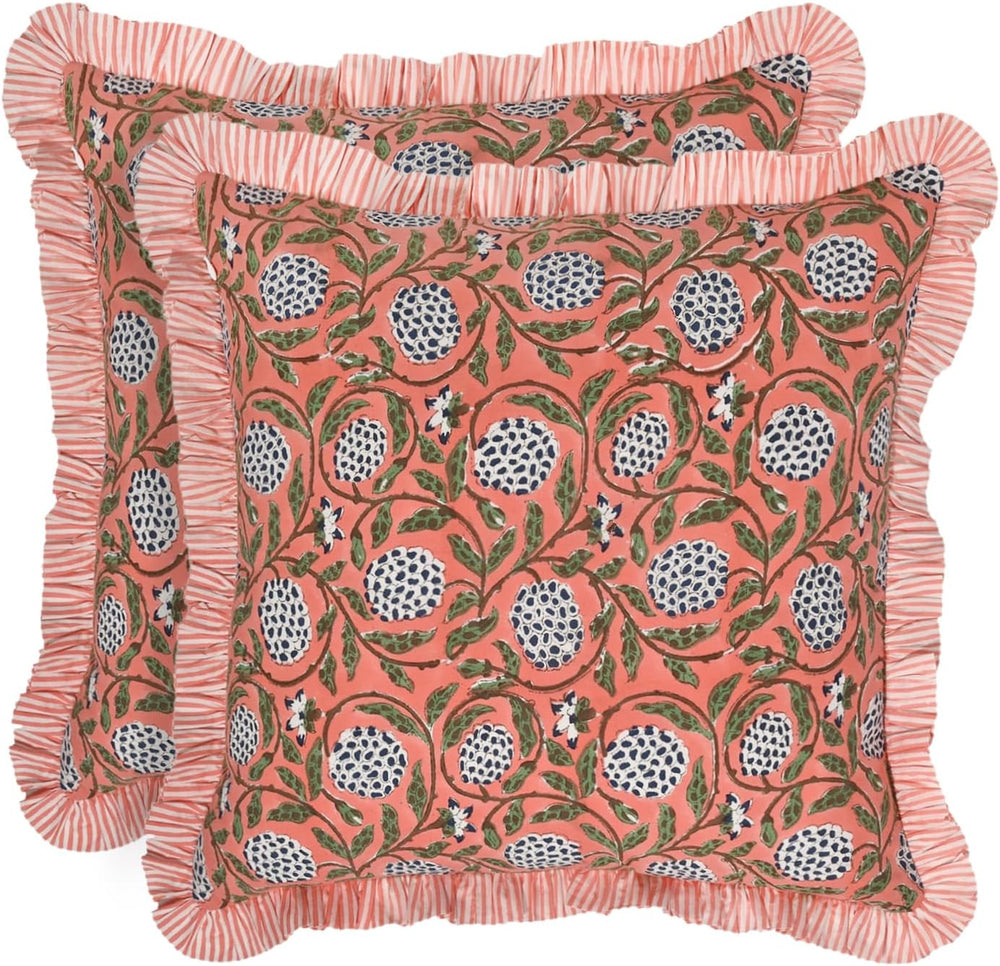 Ridhi Dark Salmon Pink Block Print Ruffle Pillow Covers 16x16 Inch Set of 2