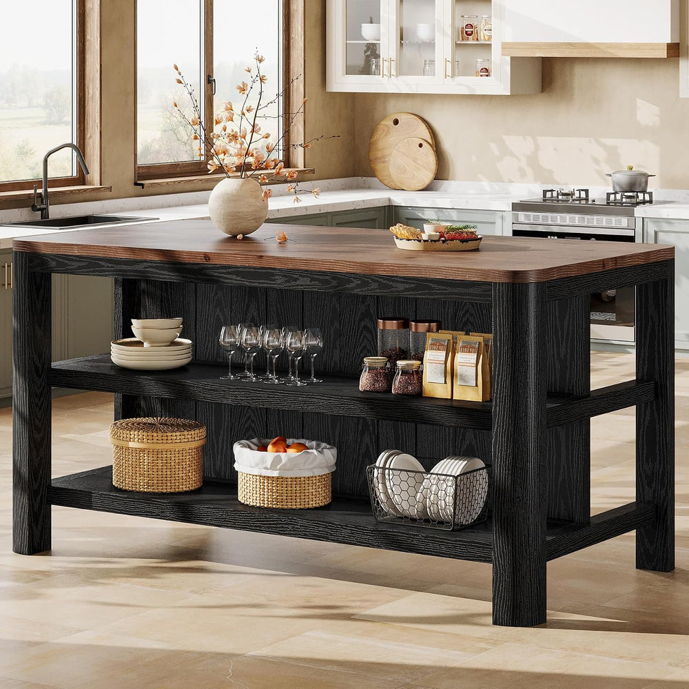63" Solid Wood Kitchen Island with Storage Shelves, Black