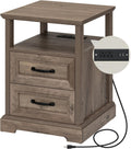 HOMMPA 18'' W Farmhouse Nightstand with Charging Station, Bedside Tables with Open Shelf, 2 Drawers End Table Dresser Side Table, Wood Night Stand for Bedroom, Rustic Greige