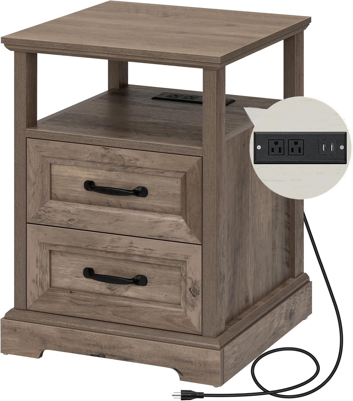 HOMMPA 18'' W Farmhouse Nightstand with Charging Station, Bedside Tables with Open Shelf, 2 Drawers End Table Dresser Side Table, Wood Night Stand for Bedroom, Rustic Greige