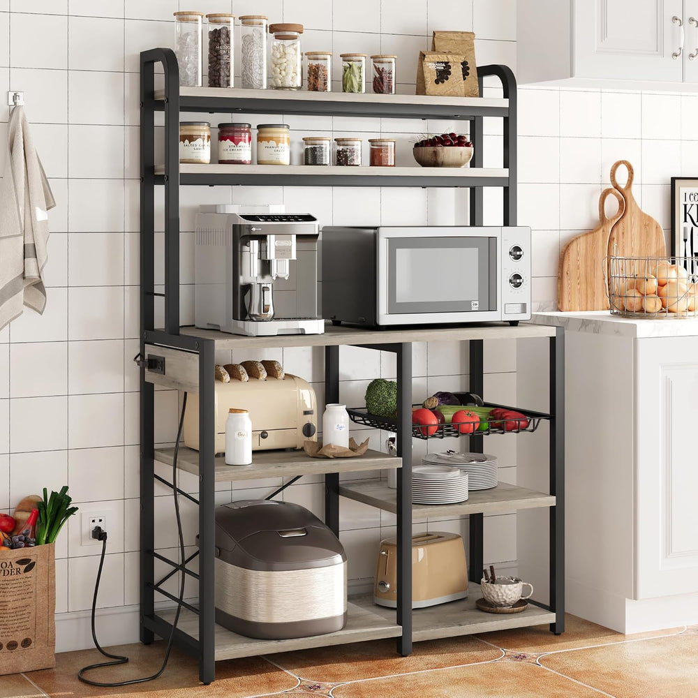 IDEALHOUSE Bakers Rack with Power Outlet, Coffee Bar with Wire Drawer, Indust...
