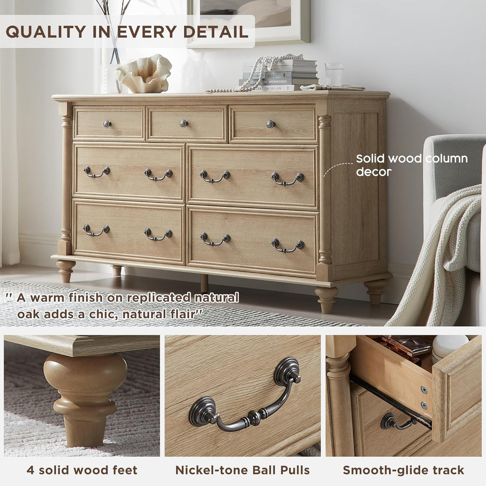 T4TREAM Farmhouse 7-Drawer Dresser with Solid Wood Feet, Natural Oak