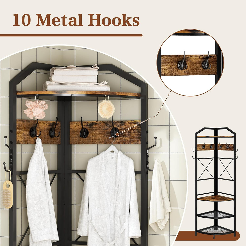 Corner Coat Rack with Storage, Entryway Hall Tree with Shoe Rack and Hooks, F...