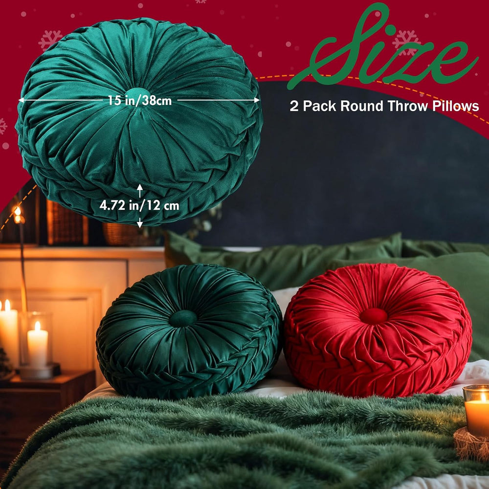 Beeveer 2 Pcs Round Throw Pillows Velvet Pleated Pillows, Red and Green