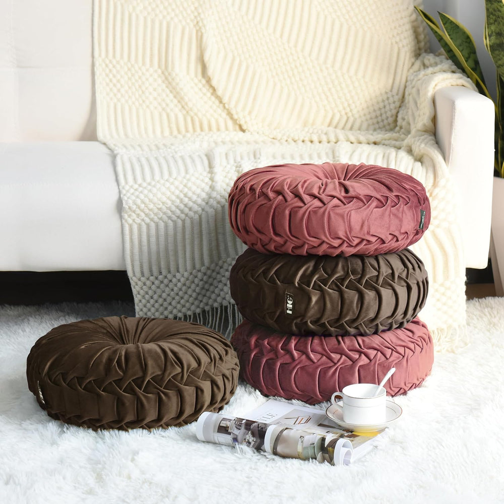 HIG Set of 2 Chocolate Velvet Decorative Round Pleated Throw Pillows