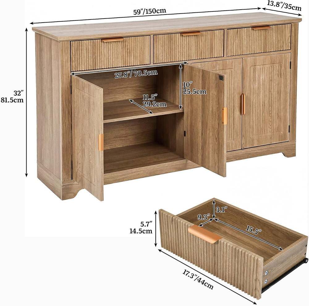 DWVO 59" Fluted Buffet Cabinet with Storage Natural Oak
