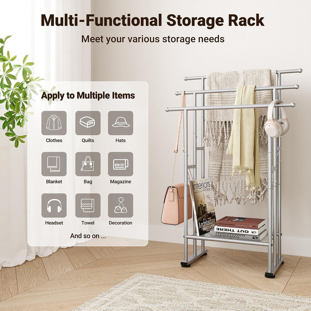ELYKEN 3 Tier Freestanding Towel Rack with Shelf, 40" H Towel Stand, Silver