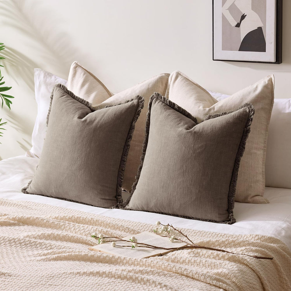 24x24 Inch Set of 2 Euro Linen Fringe Throw Pillow Covers,Coffee