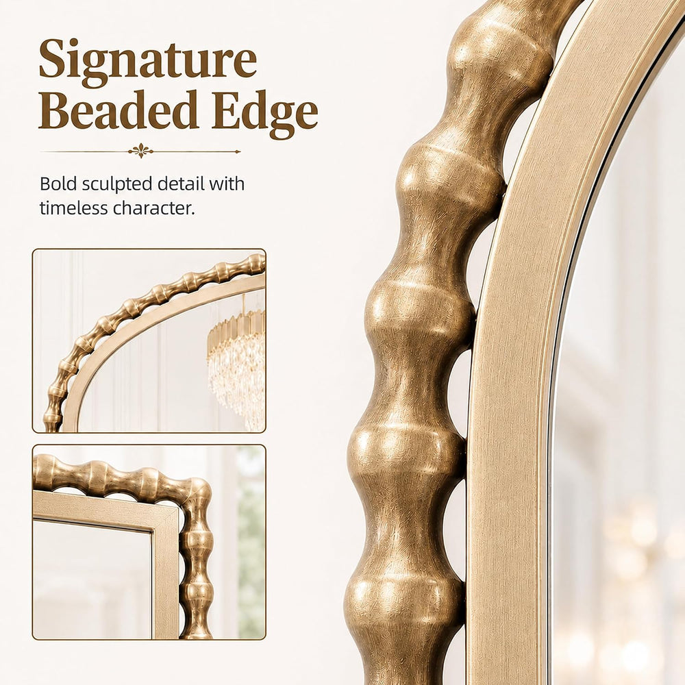 40"x30" Wide Arch Wall Mirror, Antique Gold Bold Beaded Frame