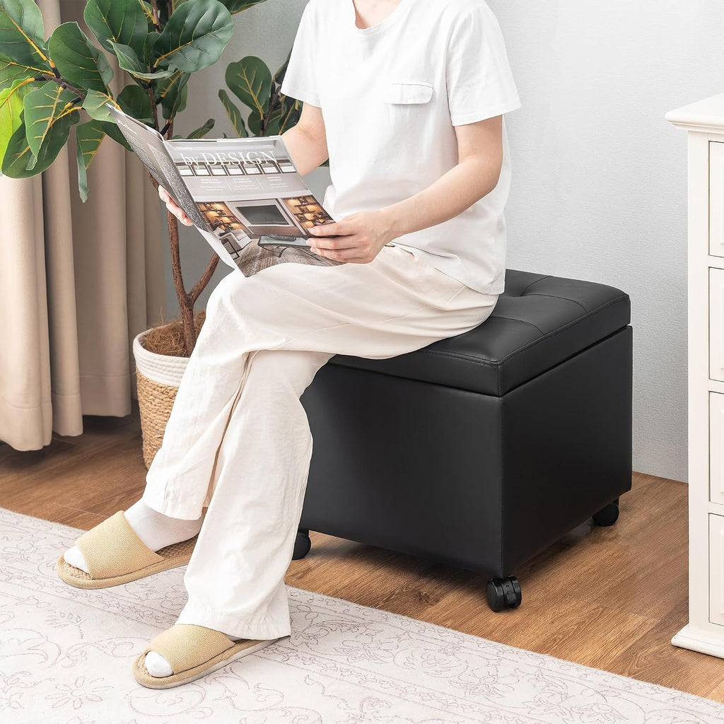 Adeco 17" Storage Ottoman Modern Tufted Faux Leather with Wheels, Black