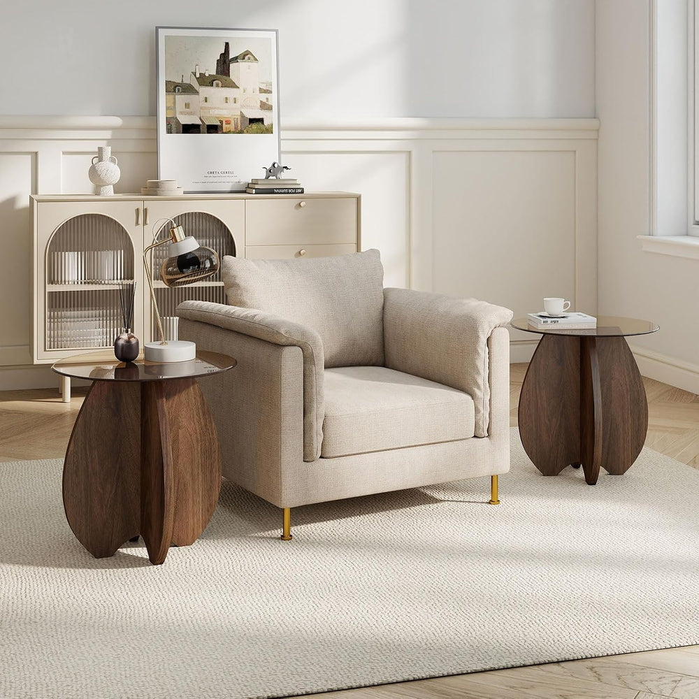Shell-Shaped Coffee & Side Table with MDF Frame & Amber Tempered Glas...