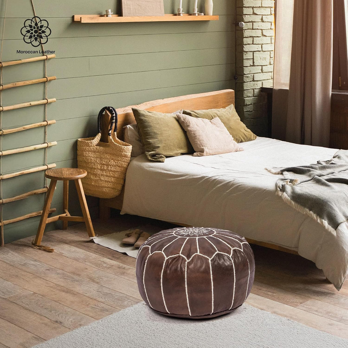 Moroccan Leather Handmade Pouf Ottoman Cover, Unstuffed Foot Stool, Round Boho Footrest for Living Room, Bedroom, Home Decor Gift (Brown By White)