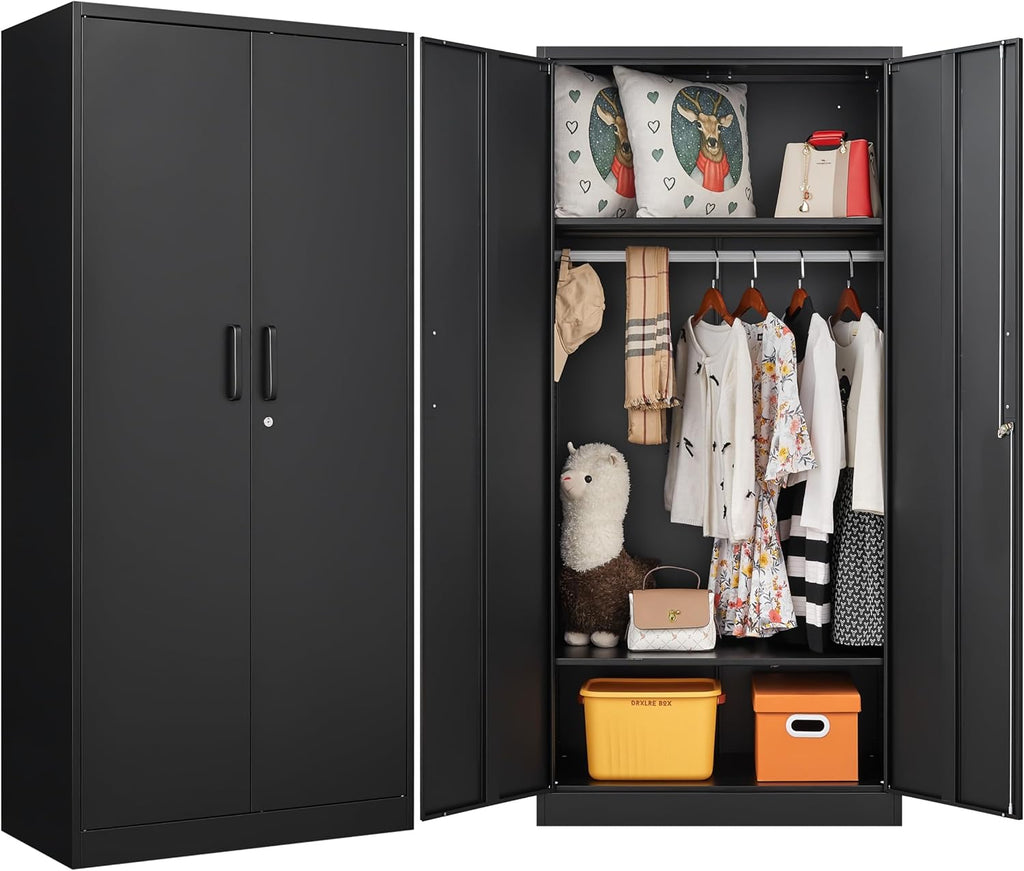 Metal Wardrobe Cabinet with Hanging Rod & Lock,Black Armoire Wardrobe Closet,Metal Clothing Storage Cabinet with Adjustable Shelves and Doors,72" Amroire Storage Cabinets for Home,Living/Laundry Room