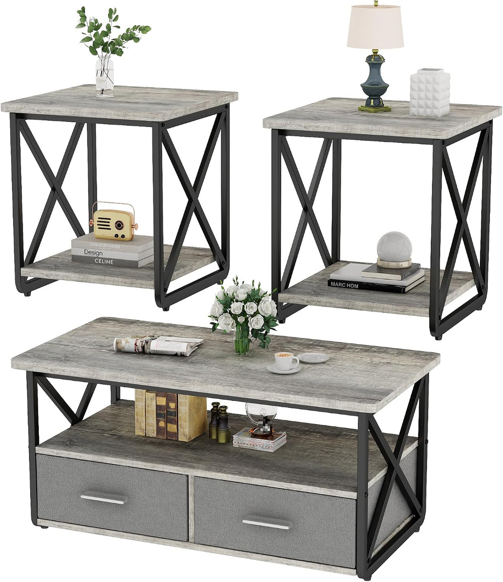 DKLGG 3 Piece Coffee Table Set for Living Room with Fabric Drawers and Storag...