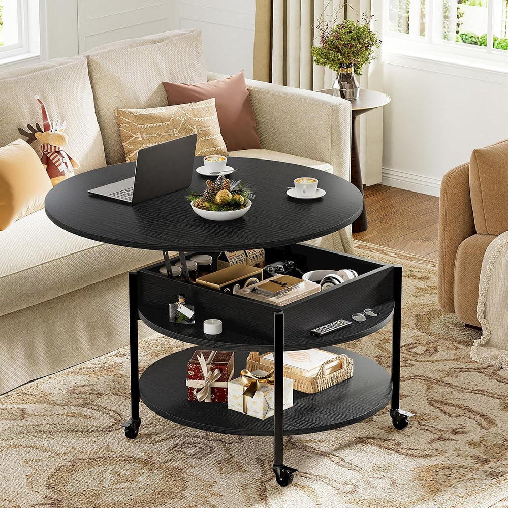 FABATO Small Round Lift Top Coffee Table with Wheels and Storage, Black