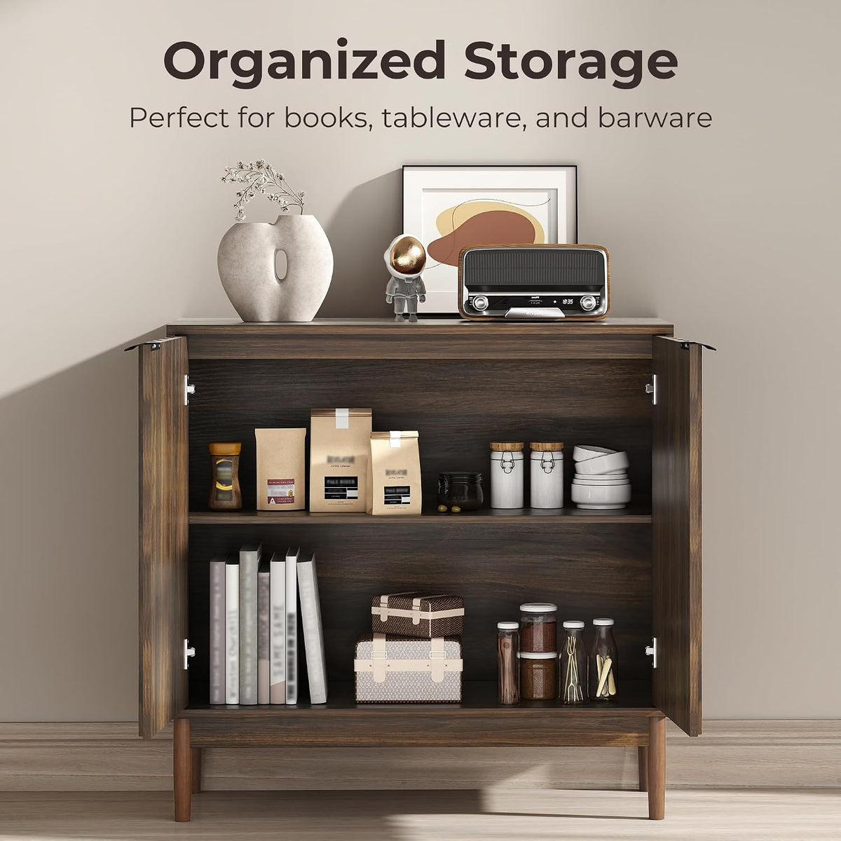 Fluted Buffet Cabinet with Storage, Small Accent Cabinet, Brown