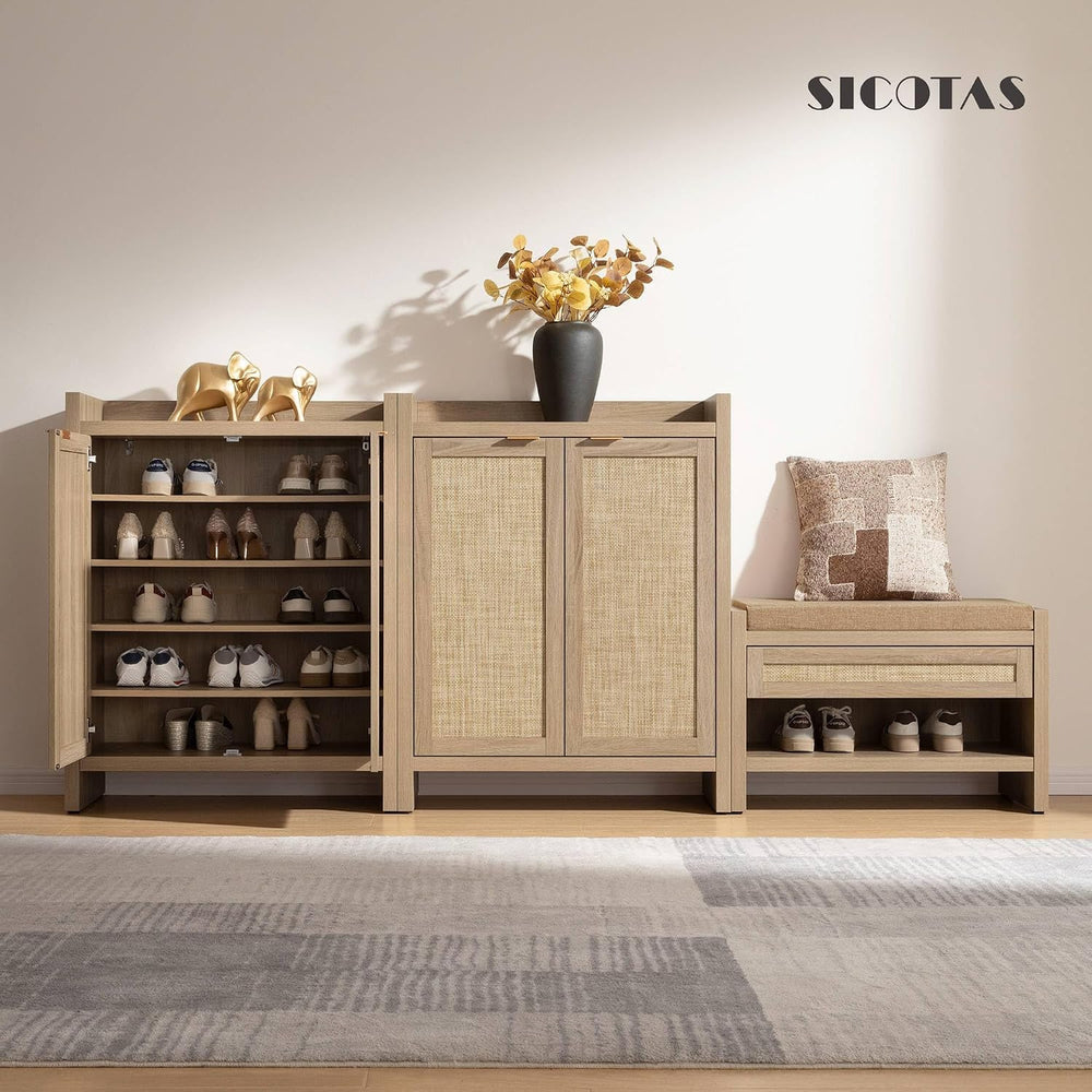 SICOTAS Shoe Cabinet, 24 Pair Shoe Storage Organizer Cabinet, Rattan Doors