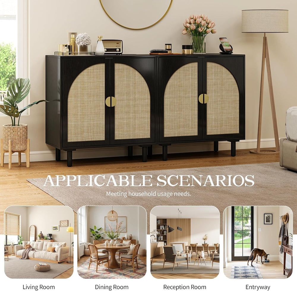 Black Minimalist 2-Door Sideboard with Woven Textured Panels, Black Storage C...