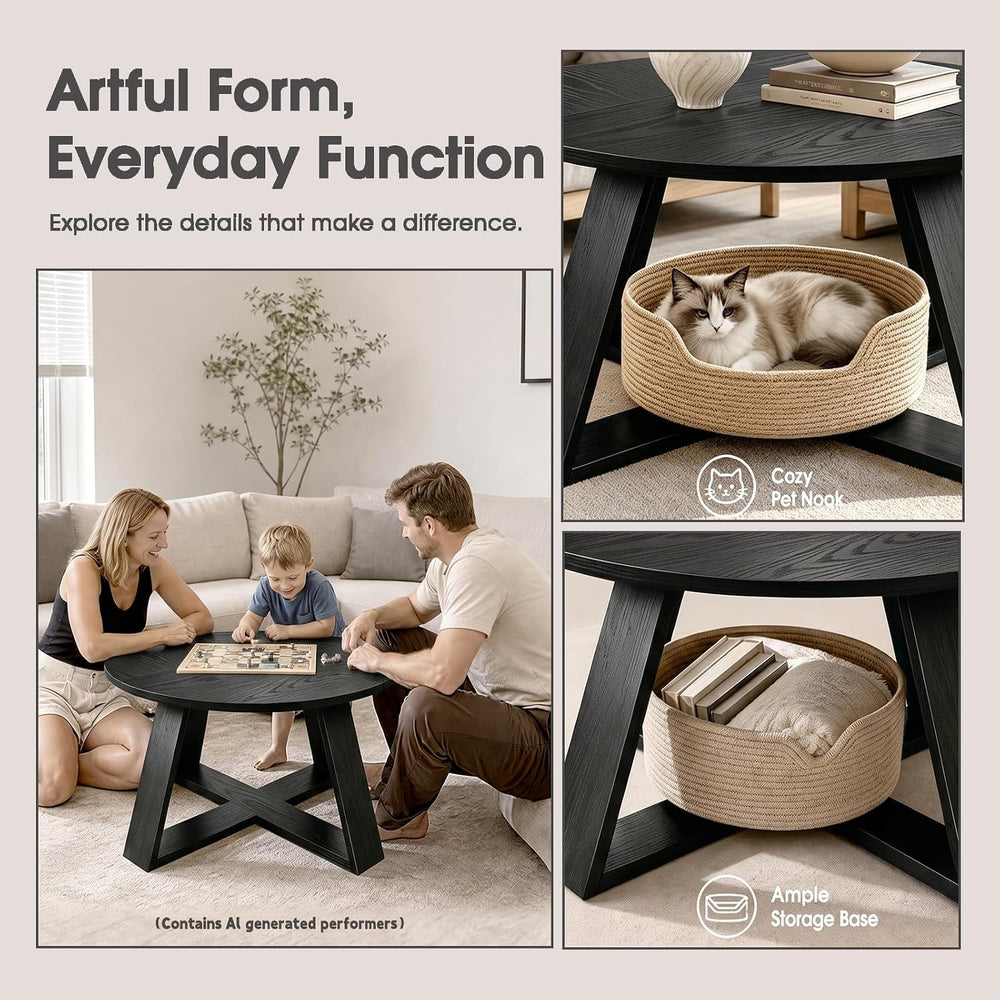 HAIOOU Round Coffee Table for Living Room with Open Storage Black Wooden