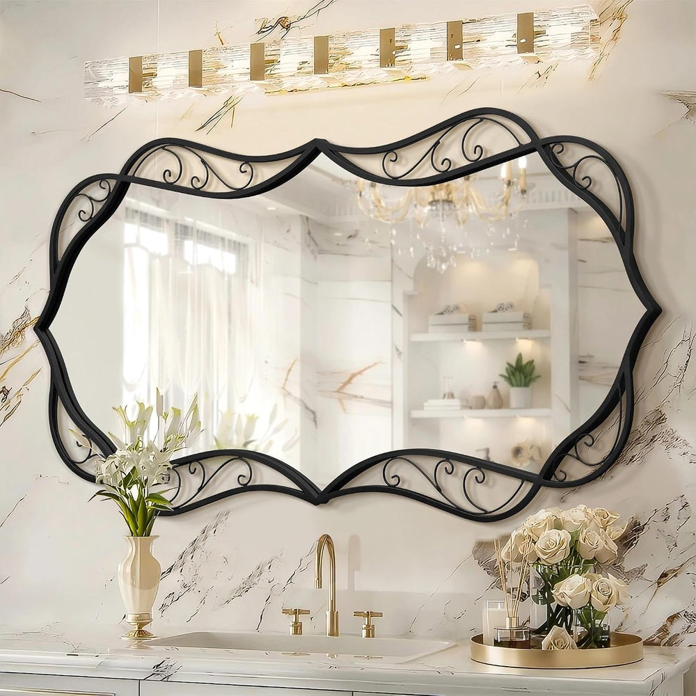 Besdomus Black Bathroom Wall Mirror: 24"x48" Framed Decorative Wavy...