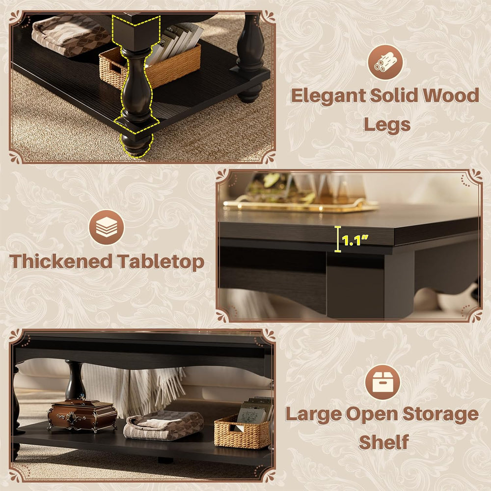 Besiost 47" Farmhouse Coffee Table with 2-Tier Storage, Black