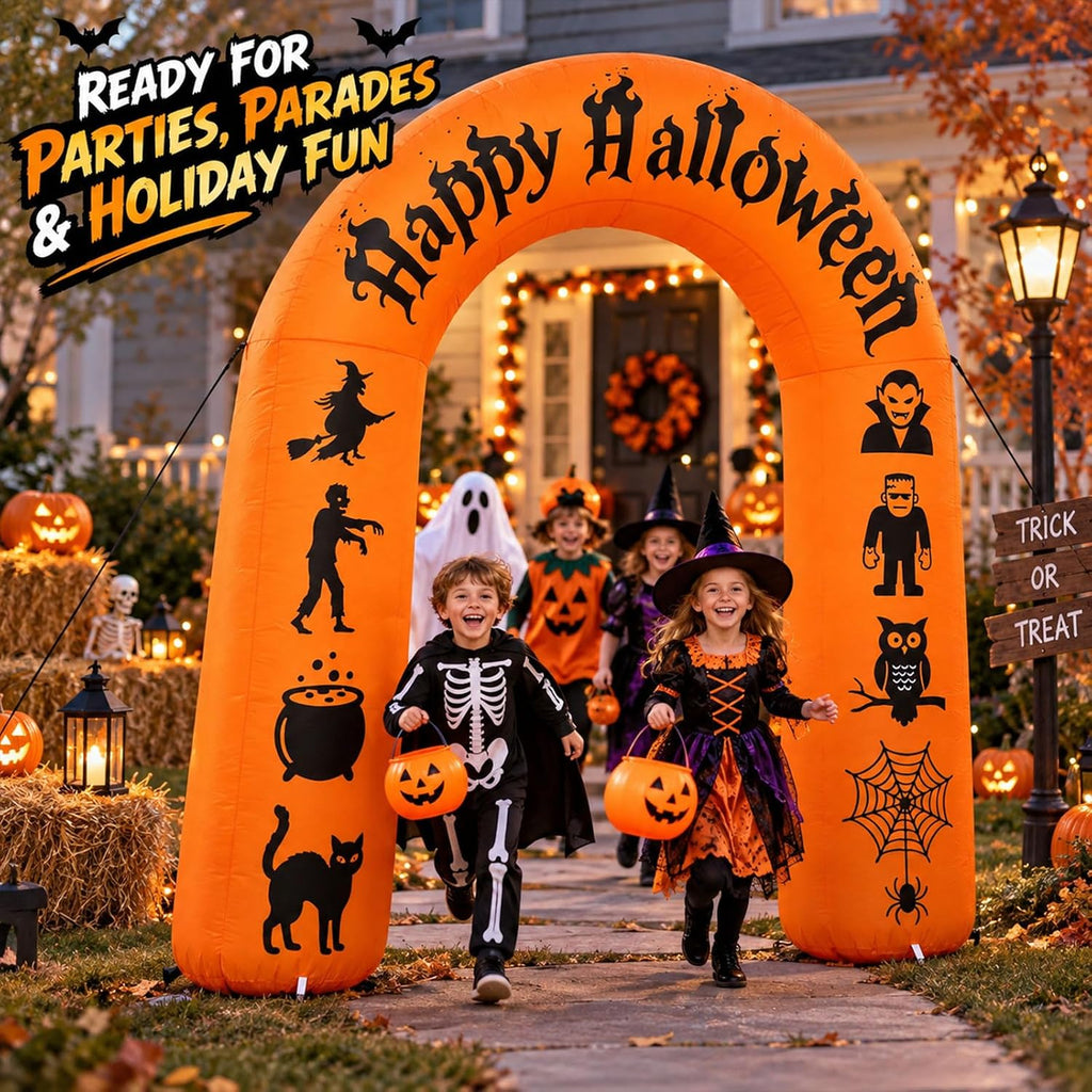 8FT Halloween Inflatable Arch with LED Lights, Orange, Happy Halloween Archway with Witch, Zombie, Vampire, Frankenstein, Owl, Spider, Black Cat for Indoor Outdoor Decor