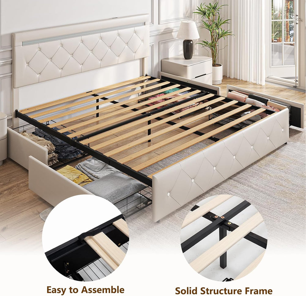 Benevika Full Size Bed Frame with 4 Drawers and LED Light, Charge Station, PU...