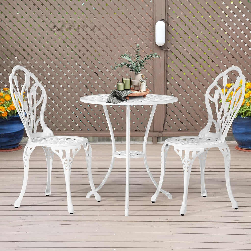 VINGLI 3 PCS Outdoor Bistro Set, Outdoor Patio Set, All-Weather Cast Aluminum Bistro Table Set, Bistro Table and Chairs Set of 2 for Backyard, Garden, Balcony (White, Tulip)