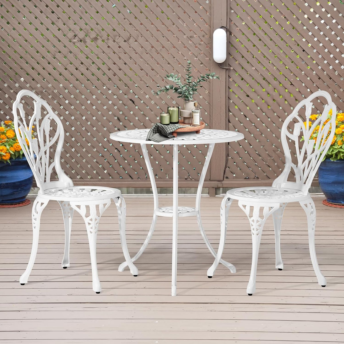VINGLI 3 PCS Outdoor Bistro Set, Outdoor Patio Set, All-Weather Cast Aluminum Bistro Table Set, Bistro Table and Chairs Set of 2 for Backyard, Garden, Balcony (White, Tulip)